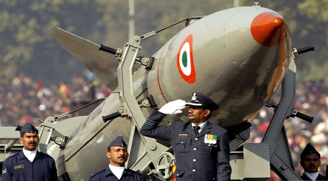 Indian soldiers stand beside missile Prithvi in New Delhi